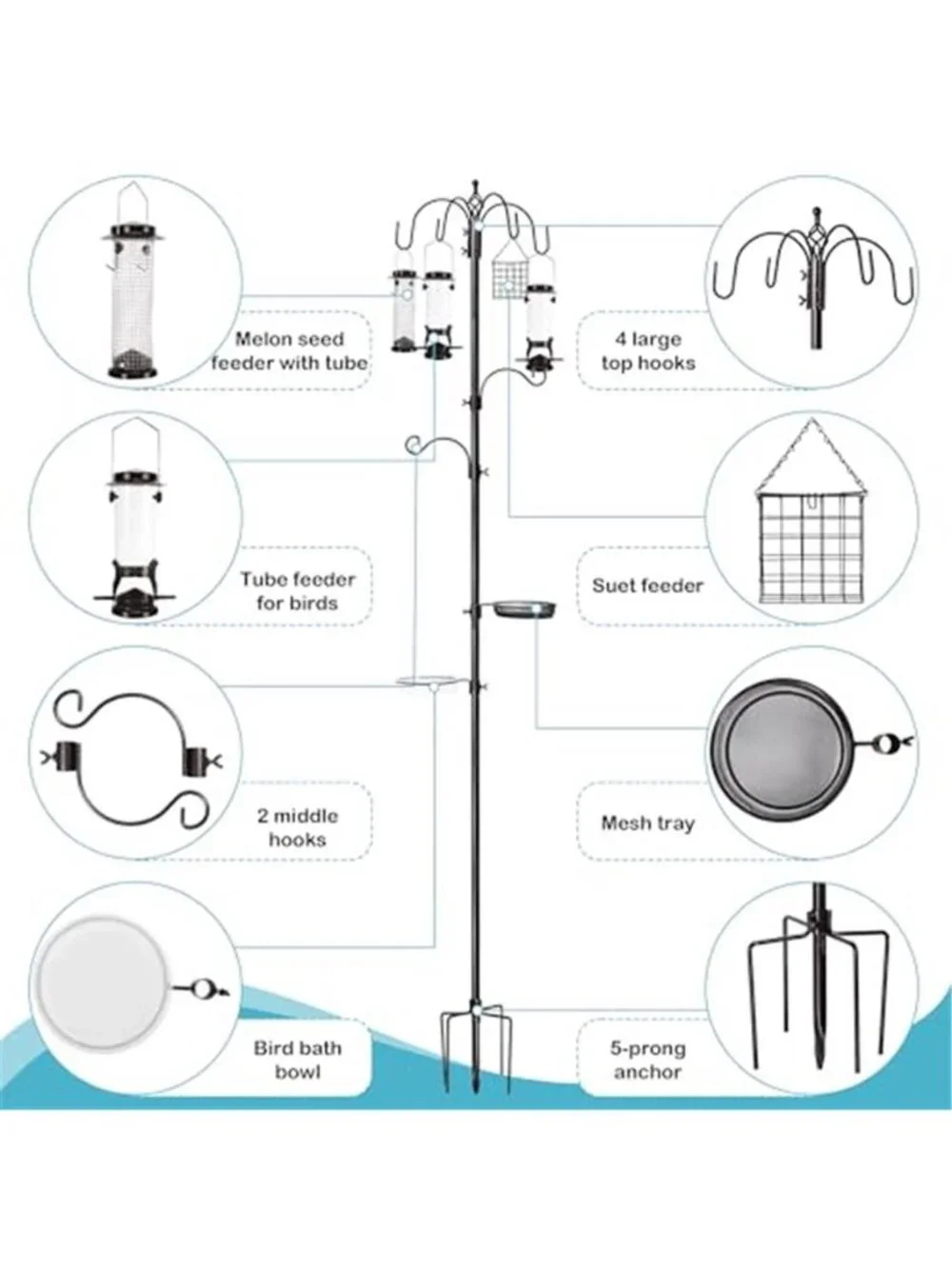 6-Hook Bird Feeding Station Kit, Wild Bird Feeder Stand Pole, Multi-Feeder Kit